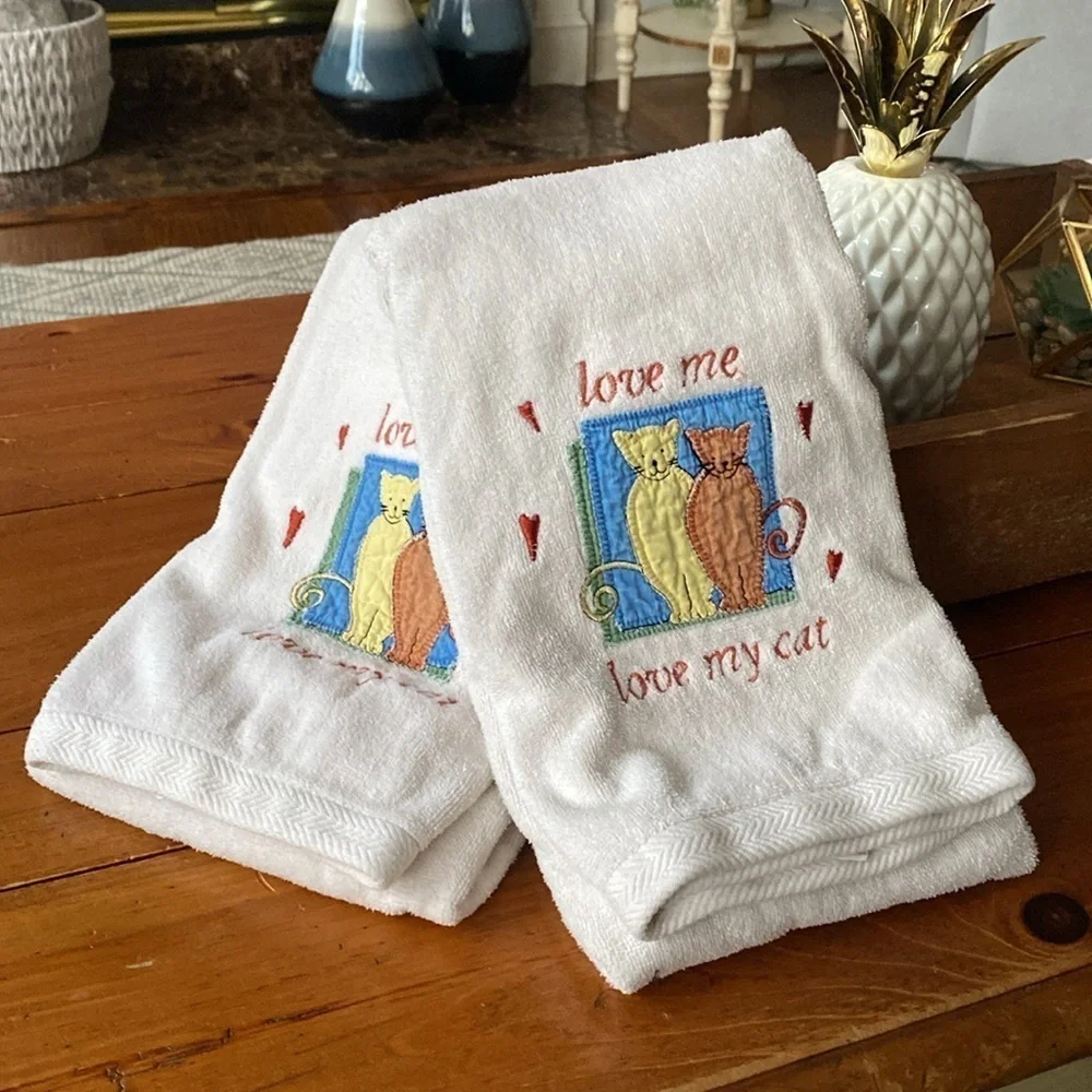 Velour Cream Bath Towels with Embroidered Cats “love me. love my cat - Vintage